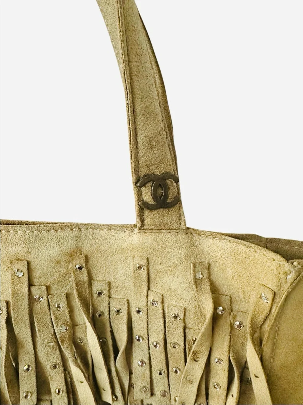 CHANEL Beige Suede Fringe Tote with Stud Details